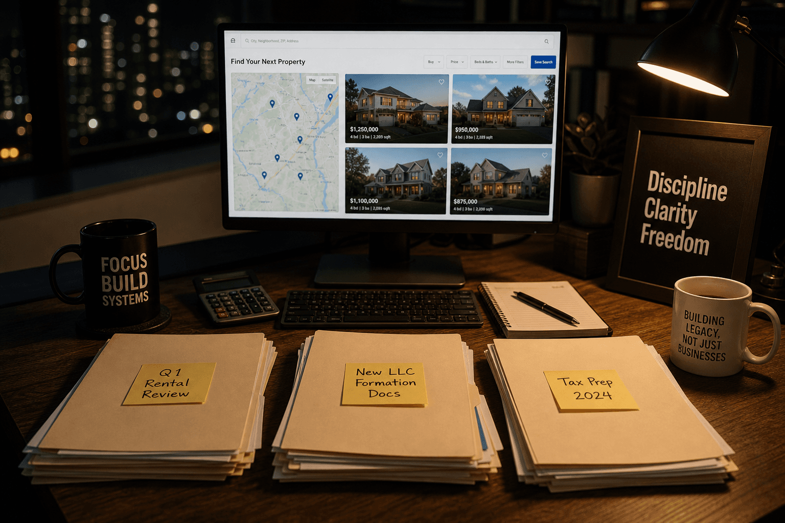 Founder desk with tax paperwork, LLC formation documents, rental review notes, and property listings on screen